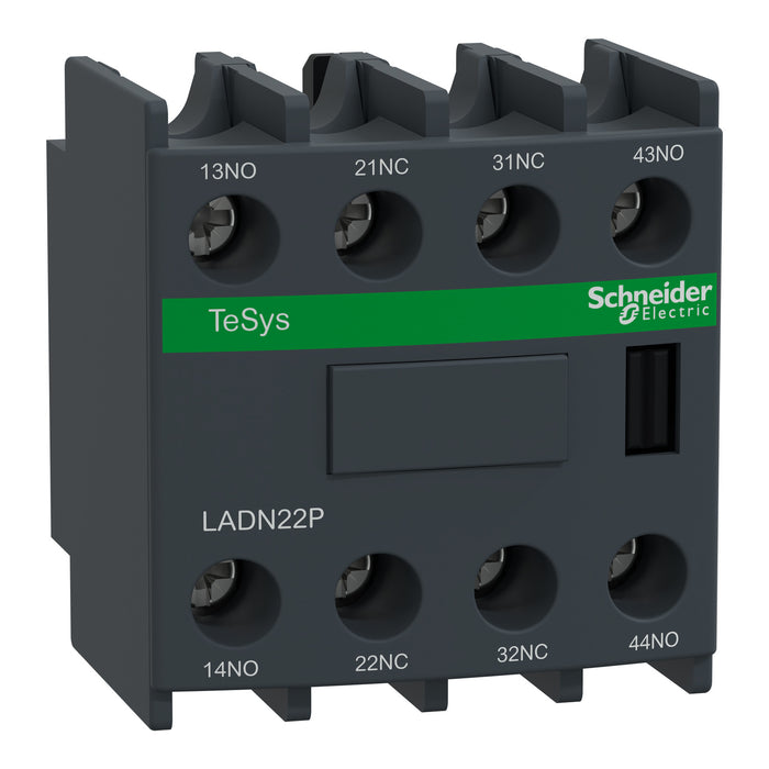 Auxiliary contact block, TeSys D, 2NO + 2NC, front mounting, screw clamp terminals, EN 50012