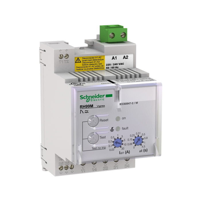 residual current monitoring relay, VigiPacT RH99M, 30mA to 30A, 220/240 VAC 50/60Hz, DIN rail mounting