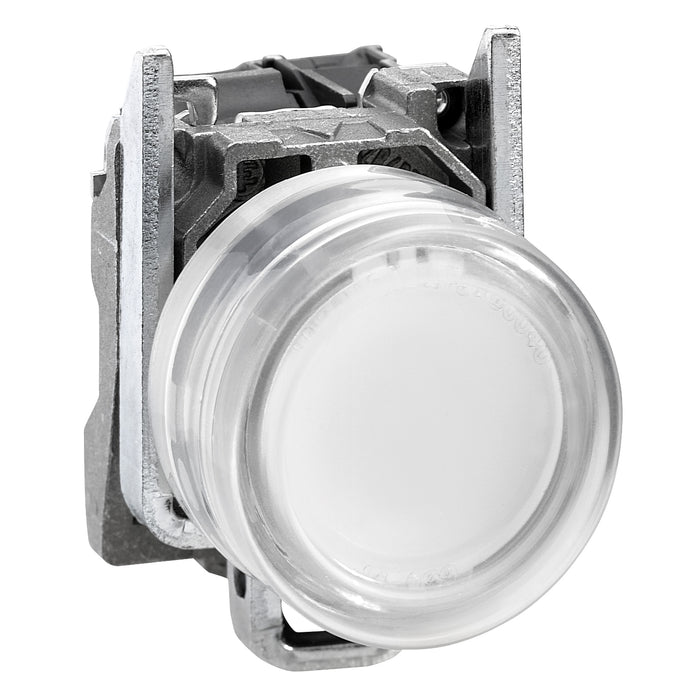 Complete illuminated push button, Harmony XB4, metal, flush, white, Ø22 mm, spring return, booted, 230 V AC, 1 NO, ATEX