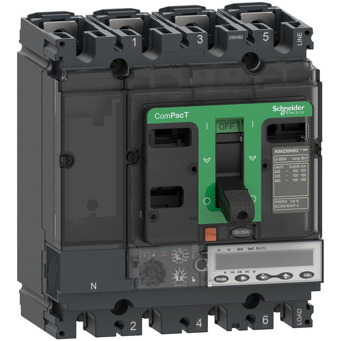 Circuit breaker ComPacT NSX100R, 200kA at 415VAC, MicroLogic 5.2 E trip unit 100A, 4 poles 4d