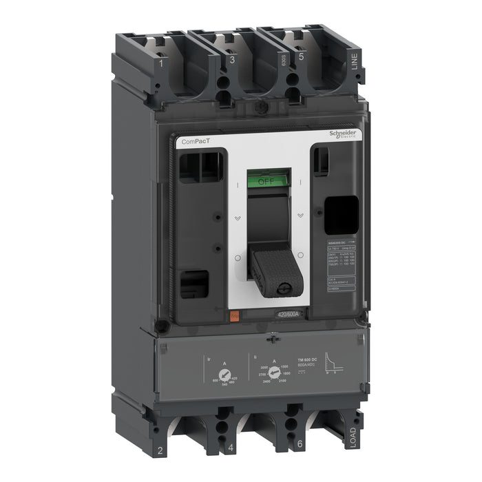 Circuit breaker ComPacT NSX500F DC, 36kA at 750 VDC, TM-DC trip unit, 500 A rating, 3 poles