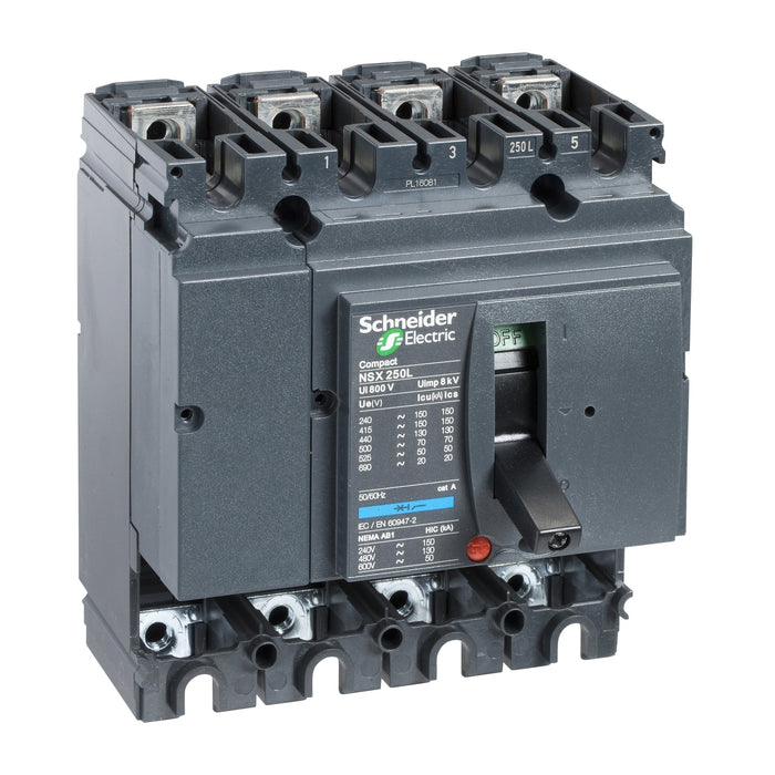 circuit breaker basic frame, ComPact NSX250B, 25 kA at 415 VAC 50/60 Hz, 250 A, without trip unit, 4 poles