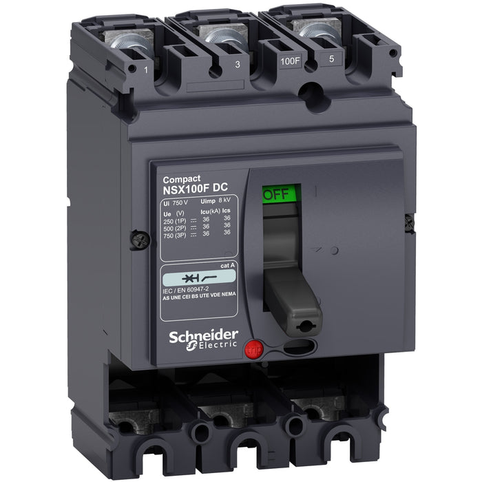 circuit breaker basic frame, ComPact NSX100F DC, 36 kA at 750 VDC, 100 A, without trip unit, 3 poles