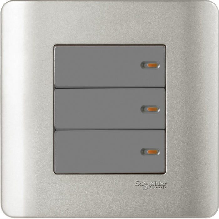 3 gang 1 way full - flat switch with ON indicator Silver satin
