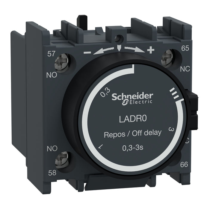 Time delay auxiliary contact block, TeSys D, 1NO + 1NC, off delay 0.3-3s, front, screw clamp terminals