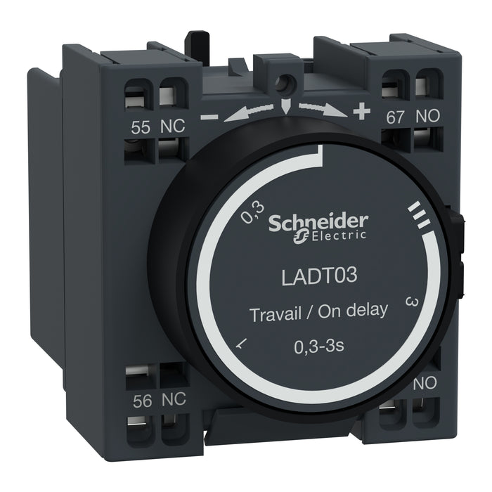 Time delay auxiliary contact block, TeSys D, 1NO + 1NC, on delay 0.3-3s, front, spring terminals