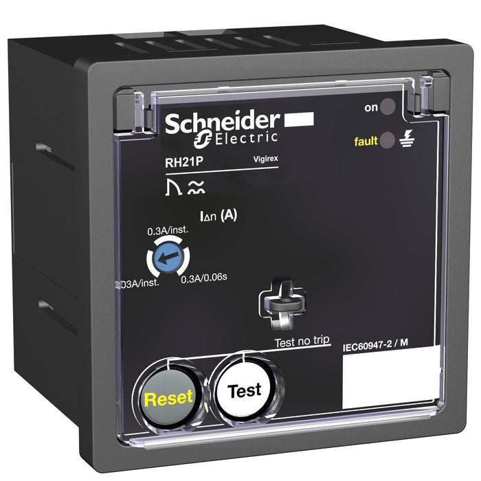 residual current protection relay, VigiPacT RH21P, 30 mA or 300 mA, 220/240 VAC 50/60 Hz, front panel mounting