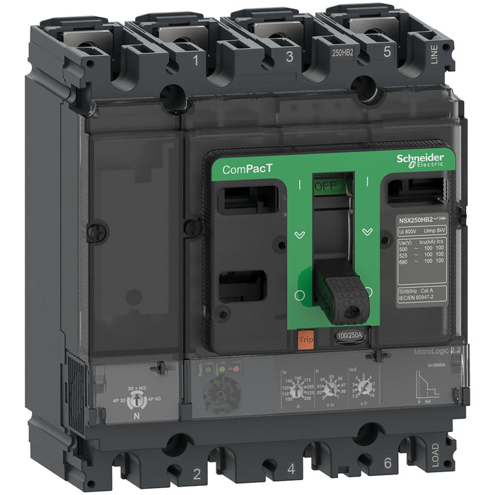 Circuit breaker ComPacT NSX250HB2, 100kA at 690VAC, MicroLogic 2.2 trip unit 160A, 4 poles 4d