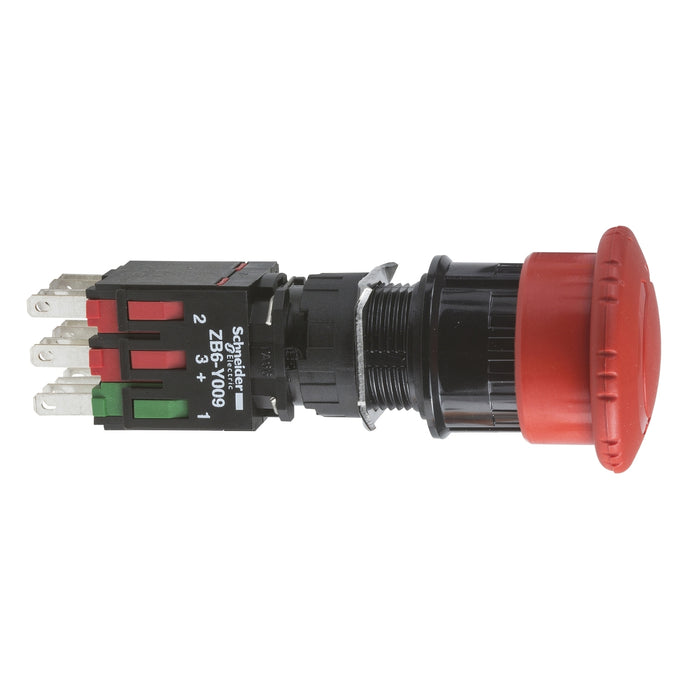Complete emergency stop push button, Harmony XB6, red Ø 30 pushbutton Ø 16 trigger latching turn release 1NO+2NC