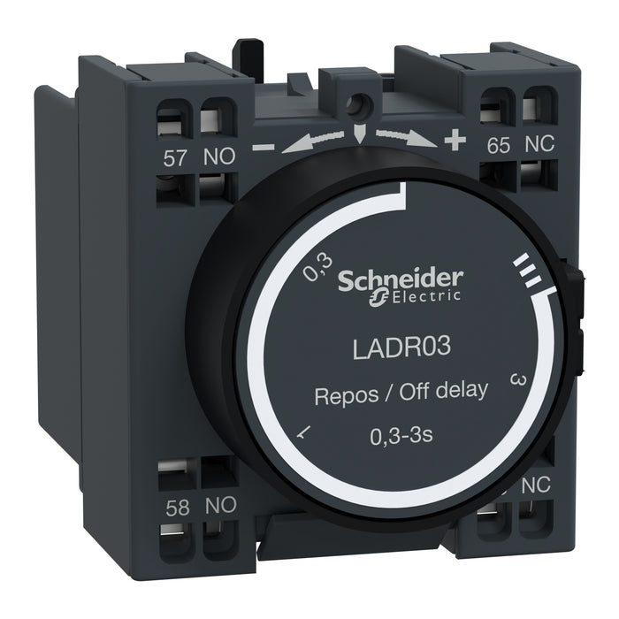 Time delay auxiliary contact block, TeSys D, 1NO + 1NC, off delay 0.3-3s, front, spring terminals