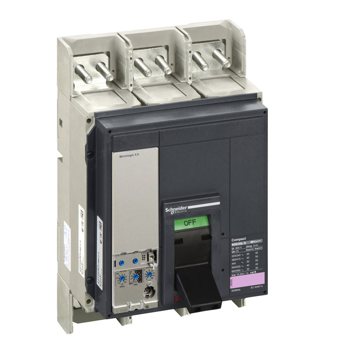 circuit breaker ComPact NS630bN, 50 kA at 415 VAC, Micrologic 5.0 trip unit, 630 A, fixed,3 poles 3d