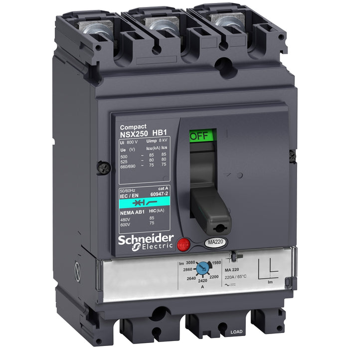 circuit breaker ComPact NSX250HB1, 75 kA at 690 VAC, MA trip unit 220 A, 3 poles 3d