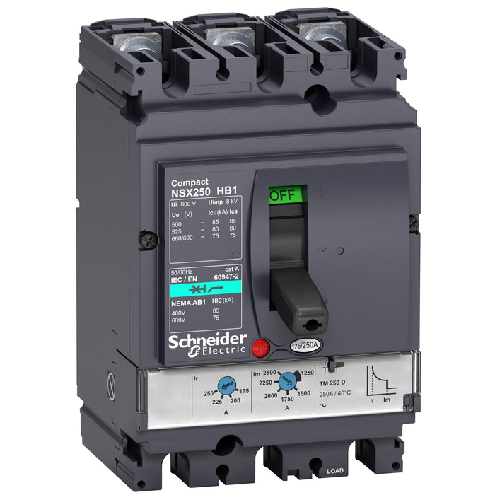 circuit breaker ComPact NSX250HB1, 75 kA at 690 VAC, TMD trip unit 200 A, 3 poles 3d