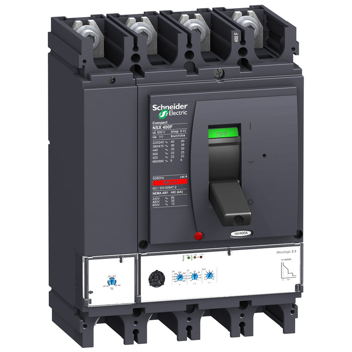circuit breaker ComPact NSX400F, 36 kA at 415 VAC, MicroLogic 2.3 trip unit 250 A, 4 poles 4d