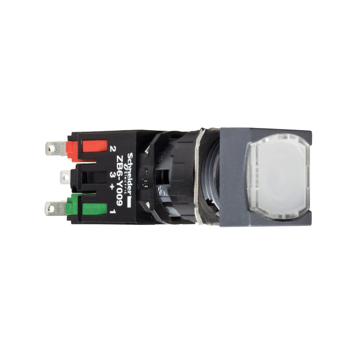 Complete illuminated push button, Harmony XB6, white square flush illum pushbutton Ø 16 spring return 1NO+1NC 12...24 V