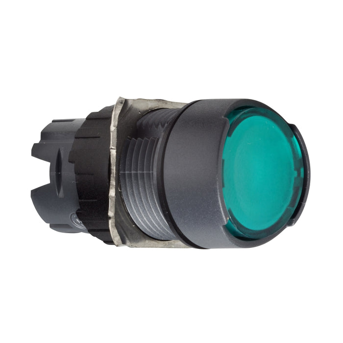Head for illuminated push button, Harmony XB6, green flush pushbutton Ø 16 latching integral LED