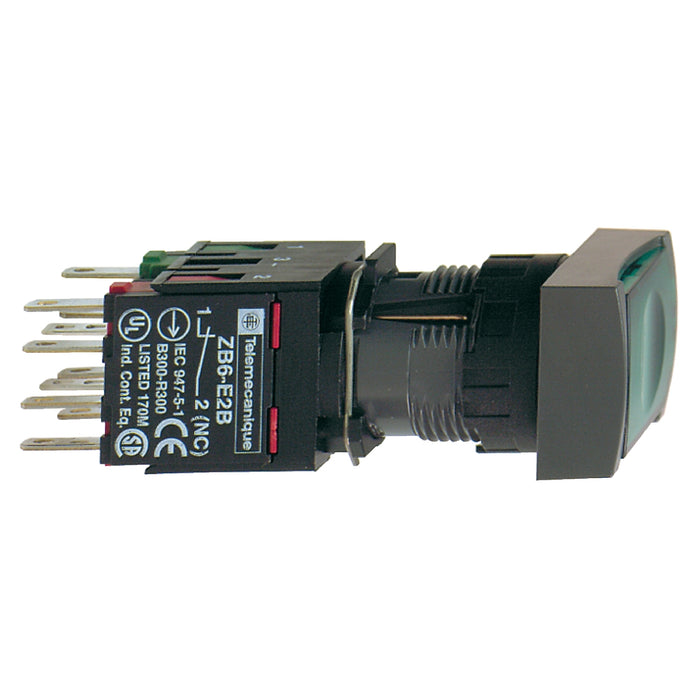 Complete illuminated push button, Harmony XB6, green rectang flush illum pushbutton Ø 16 spring return 1NO+1NC 12...24 V