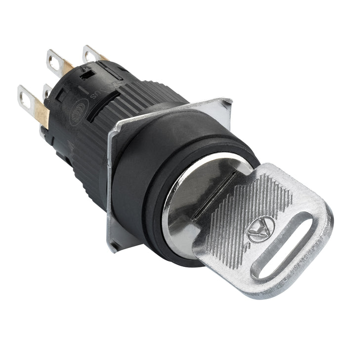 Monolithic selector switch, Harmony XB6E, round black key Ø 16 projecting keylock 3 positions 2CO