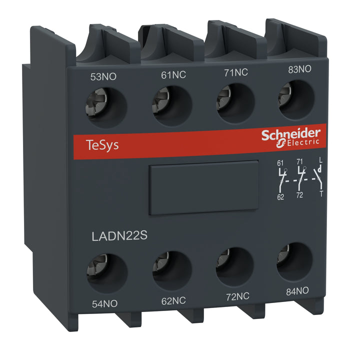 Auxiliary contact block, TeSys D, 2NO + 2NC, front mounting, screw clamp terminals, red front face