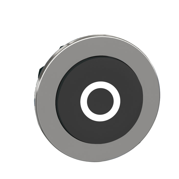 Head for non illuminated push button, Harmony XB4, flush mounted black projecting pushbutton white marked "O"