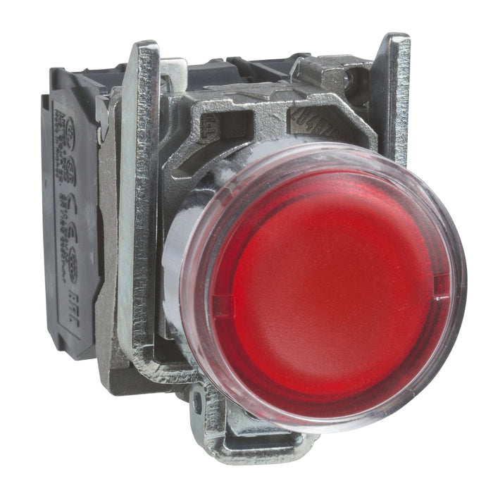 Harmony XB4, Illuminated push button, metal, flush, red, Ø22, spring return, <= 250 V, 1 NO + 1 NC