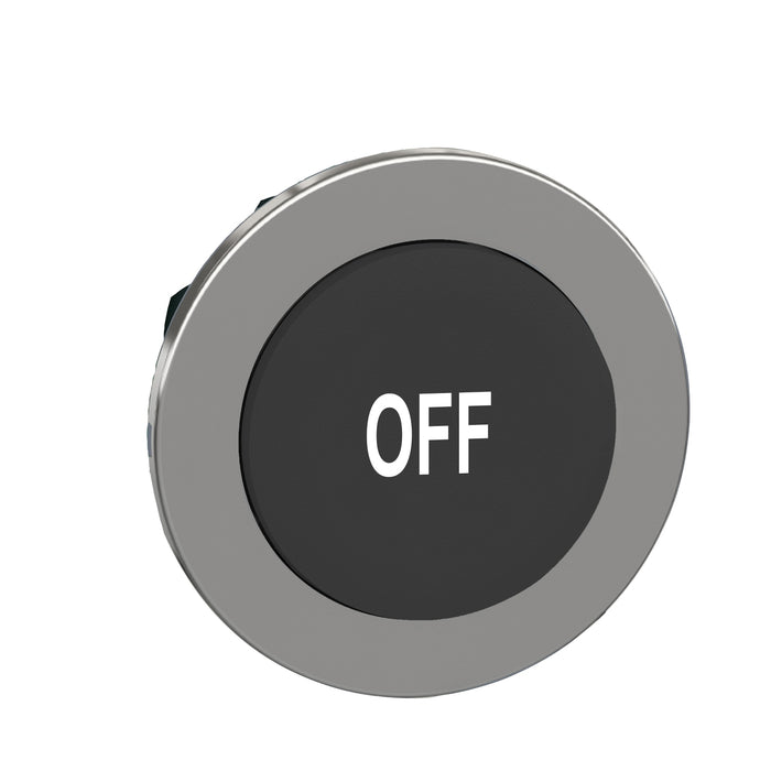 Head for non illuminated push button, Harmony XB4, flush mounted black projecting pushbutton white marked "OFF"