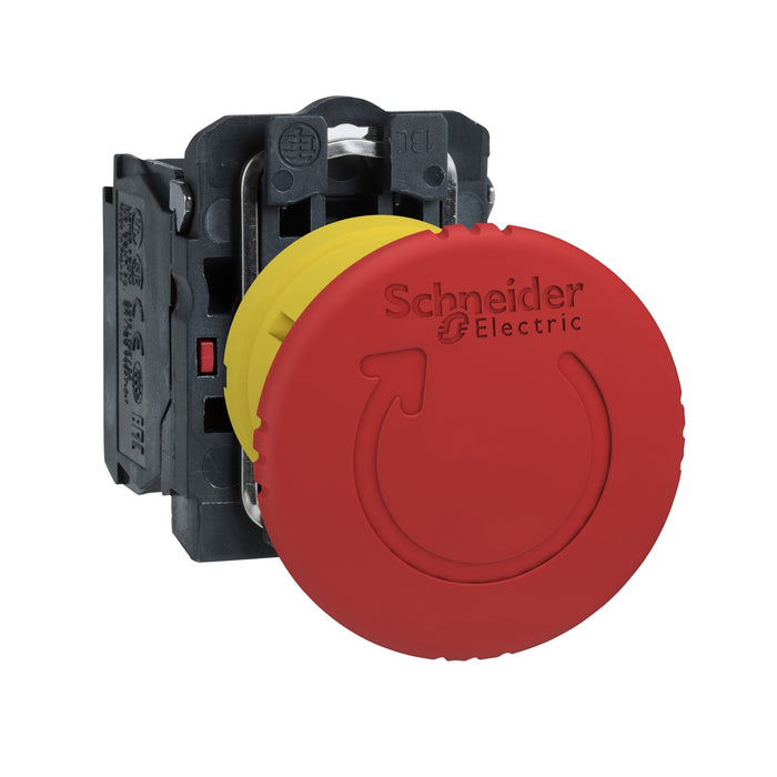 Harmony XB5, Emergency stop switching off, plastic, red mushroom Ø40, Ø22, trigger latching turn to release, 1 NC