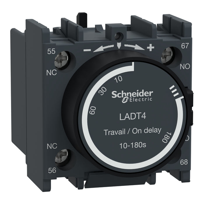 Time delay auxiliary contact block, TeSys D, 1NO + 1NC, on delay 10-180s, front, screw clamp terminals