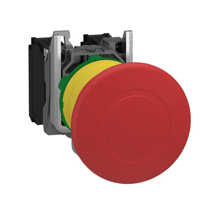 Harmony XB5, Emergency stop switching off, plastic, red mushroom Ø40, Ø22 trigger latching push-pull, 1 NO + 1 NC