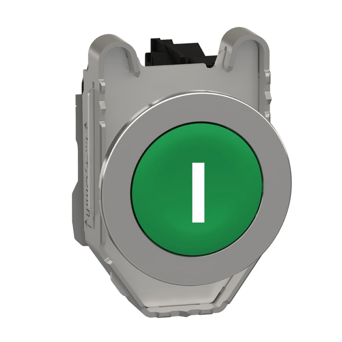 Harmony XB4, Push button flush mounted, metal, green, Ø30, spring return, marked I, 1 NO