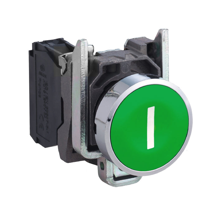 Harmony XB4, Push button, metal, flush, green, Ø22, spring return, marked I, 1NO