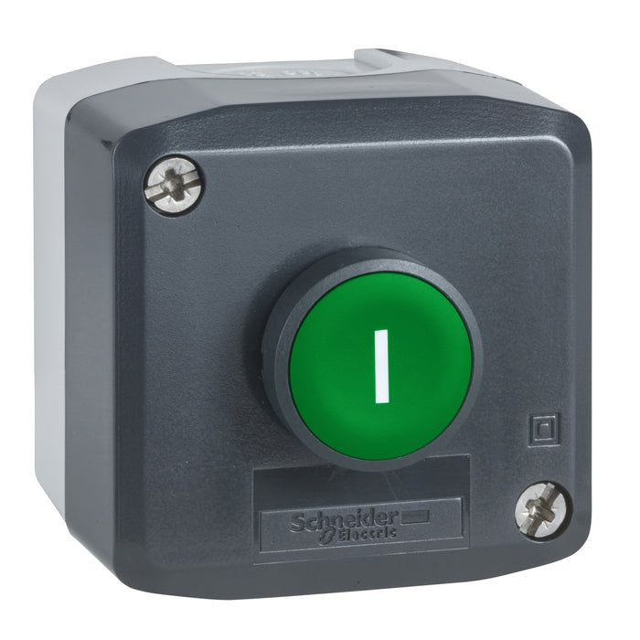 Harmony XALD, XALK, Control station, plastic, dark grey lid, 1 green flush push button Ø22, spring return, marked I, 1 NO