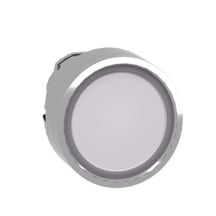 Harmony XB4, Illuminated push button head, metal, flush, white, Ø22, spring return, integral LED, for insertion legend, unmarked