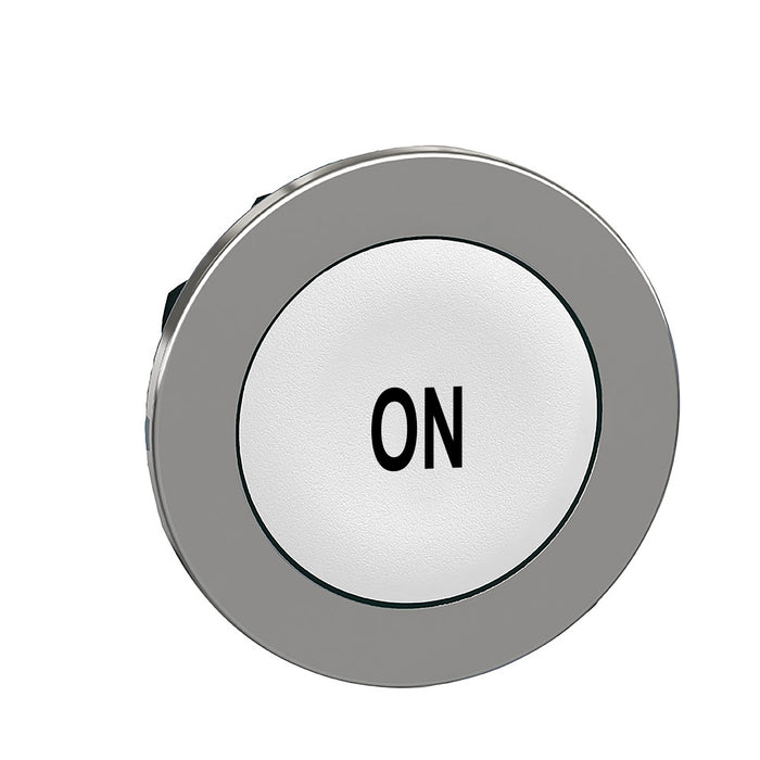 Head for non illuminated push button, Harmony XB4, flush mounted white flush caps pushbutton black marked "ON"