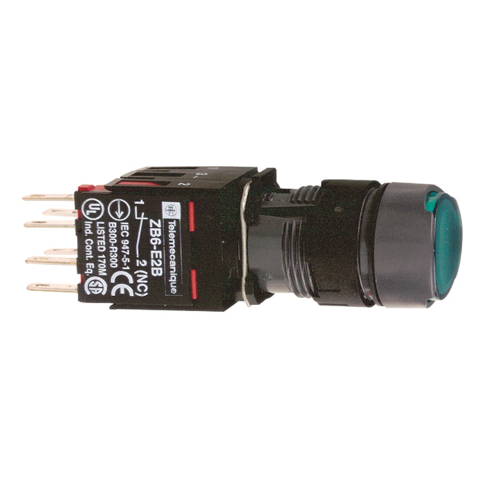Complete illuminated push button, Harmony XB6, green flush illum pushbutton Ø 16 spring return 1 NO 12...24 V