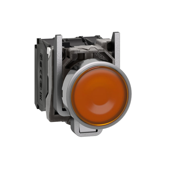 Harmony XB4, Illuminated push button, metal, flush, orange, Ø22, spring return, 230...240 V AC, 1 NO + 1 NC