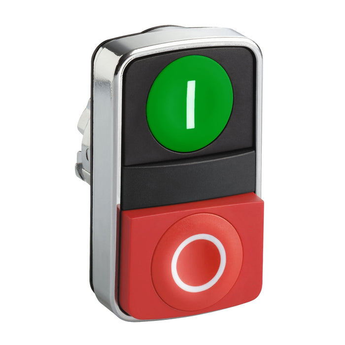 Harmony XB4, Double-headed push button head, metal, Ø22, 1 green flush marked I + 1 red projecting marked O
