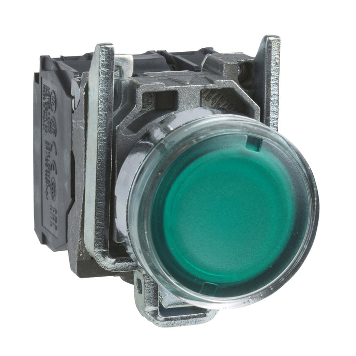 Harmony XB4, Illuminated push button, metal, flush, green, Ø22, spring return, <= 250 V, 1 NO + 1 NC
