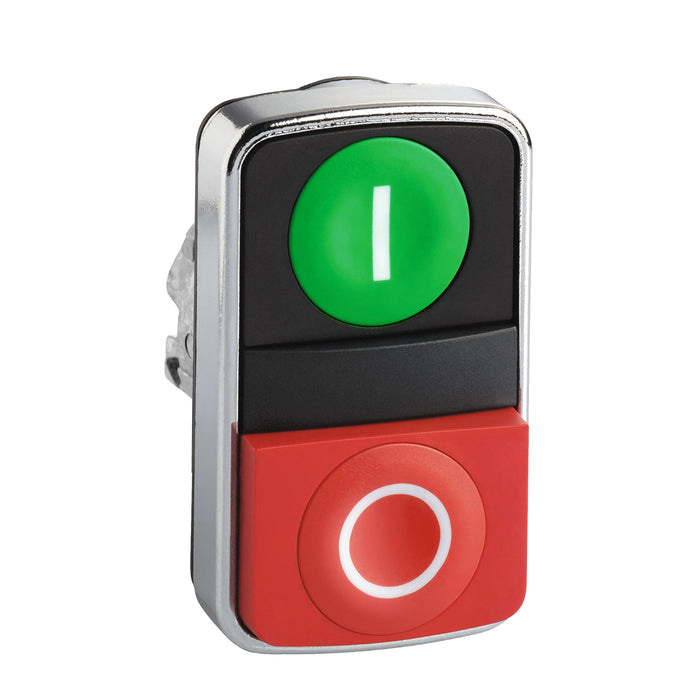 Harmony XB4, Double-headed push button head, metal, Ø22, 1 green flush marked I + 1 red flush marked O