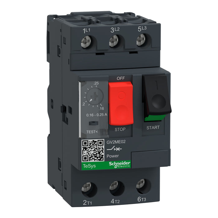 Motor circuit breaker, TeSys GV2, 3P, 0.16-0.25 A, thermal magnetic, screw clamp terminals