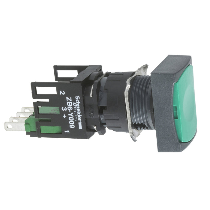 Complete push button, Harmony XB6, green rectangular flush pushbutton Ø 16 spring return 1NO+1NC unmarked