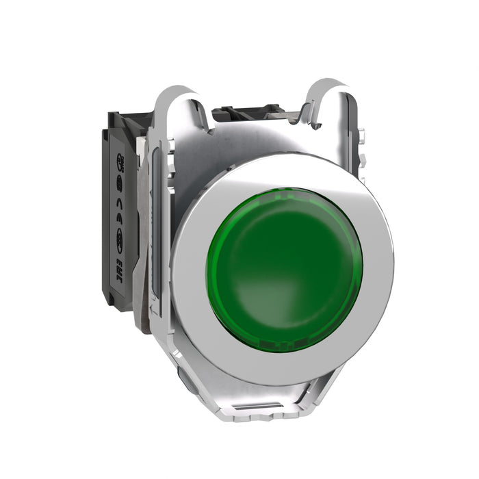 Harmony XB4, Illuminated push button flush mounted, metal, green, Ø30, integral LED, 120V AC 1 NO + 1 NC