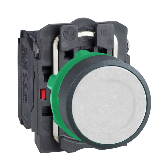 Push button, Harmony XB5, white flush complete pushbutton Ø22 mm spring return 1NO+1NC unmarked
