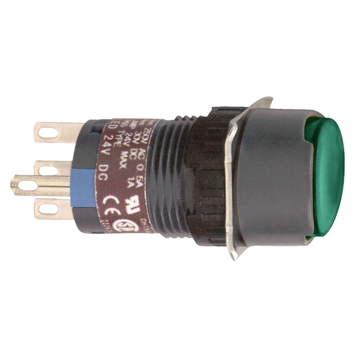 Illuminated monolithic push button, Harmony XB6E, round green pushbutton Ø 16 flush spring return 24 VDC polarised 1CO