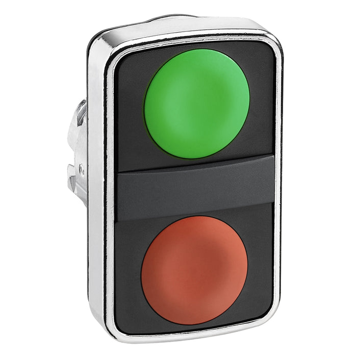 Harmony XB4, Double-headed push button head, metal, Ø22, 1 green flush unmarked + 1 red flush unmarked