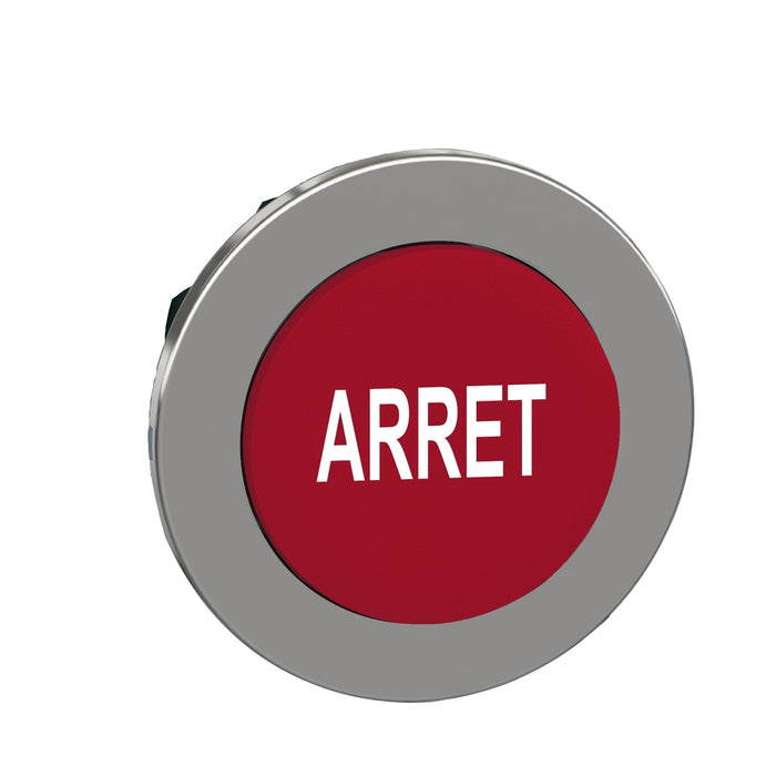 Head for non illuminated push button, Harmony XB4, flush mounted red projecting pushbutton white marked "ARRET"