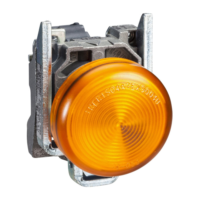 Complete pilot light, Harmony XB4, round Ø22 mm, IP65, yellow, integral LED, 24 V, lugs, ATEX