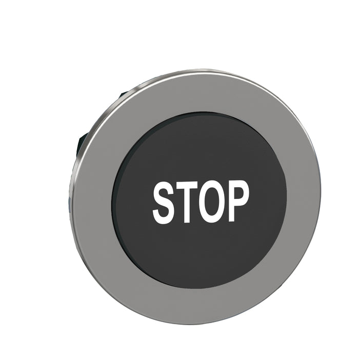 Head for non illuminated push button, Harmony XB4, flush mounted black projecting pushbutton white marked "STOP"