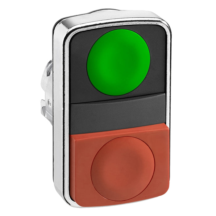 Harmony XB4, Double-headed push button head, metal, Ø22, 1 green flush unmarked + 1 red projecting unmarked