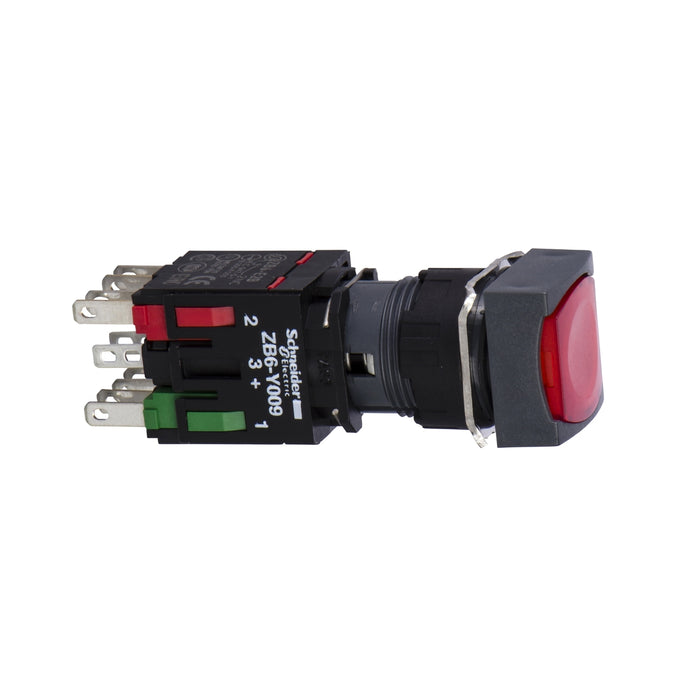 Complete illuminated push button, Harmony XB6, red square flush illum pushbutton Ø 16 spring return 1NO+1NC 12...24 V